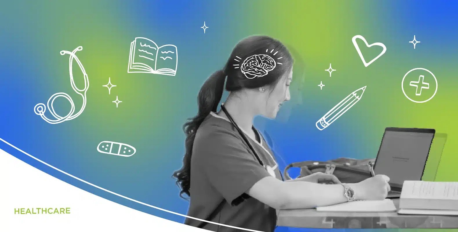 A person in medical scrubs takes notes on a laptop, surrounded by healthcare and learning icons on a gradient background.