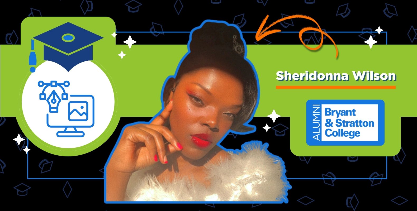 A person with makeup and red lipstick poses in front of a green background. Text reads “Sheridonna Wilson,” an empire builder and Bryant & Stratton College ALUMNI. A graduation cap and computer icon are on the left.