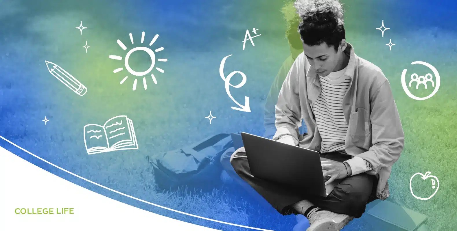 A student using a laptop while sitting outdoors; surrounding icons include a sun, pencil, open book, and an "A+". Text reads "College Life.