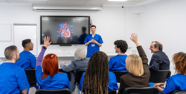 A medical instructor stands near a heart diagram on a screen, teaching a group of students in blue scrubs. Several students are raising their hands to ask or answer questions in a bright classroom.