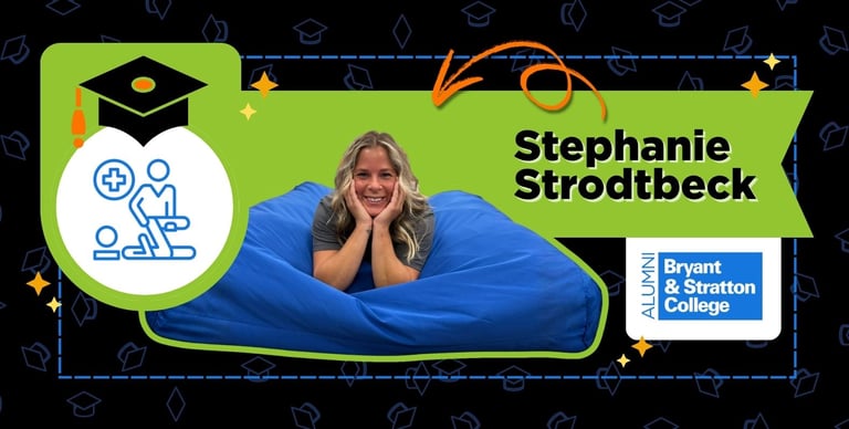 Woman smiling and lying on a blue bean bag. Text reads “Stephanie Strodtbeck.” Bryant & Stratton College logo and graduate icons appear on a green and black background decorated with graduation caps, highlighting her story in an Alumni Spotlight as part of PT For Future Me.