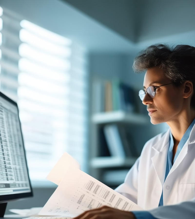A scientist in a white lab coat and glasses studies printed data sheets while working at a computer, focused on healthcare data analysis in a bright, modern office with shelves and window blinds in the background.