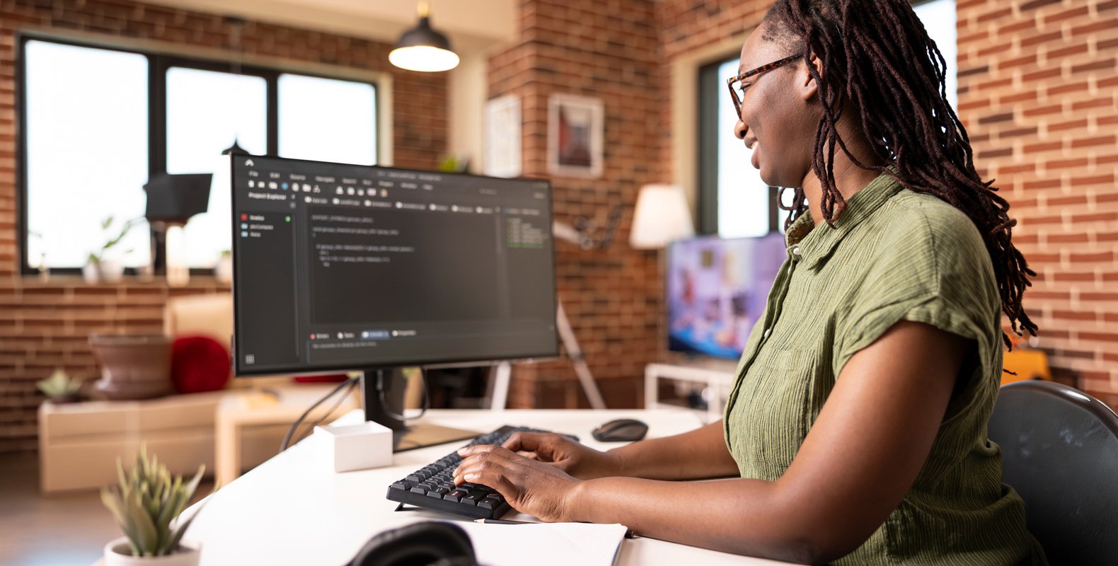 A person with long braids and glasses is sitting at a desk, typing on a keyboard and looking at a large monitor displaying code, in a modern, brick-walled office with large windows and plants.
