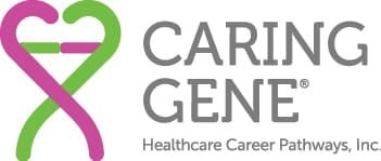 Logo for Caring Gene, Healthcare Career Pathways, Inc., featuring a stylized heart made from connected pink and green lines, alongside the text "CARING GENE® Healthcare Career Pathways, Inc." in gray.