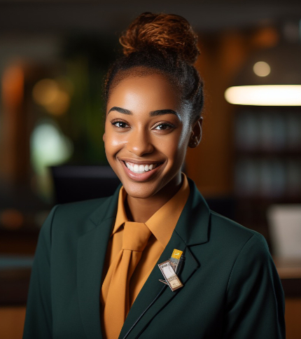 A smiling Lodging Manager wearing a green blazer and mustard-colored shirt and tie stands indoors. She has her hair in a bun, wears a name badge and pin on her jacket. The softly blurred background highlights her professional presence.