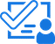 Blue icon of a person standing in front of a screen with a check mark.