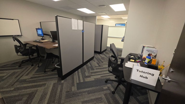 Office space with cubicles, desks, chairs, and computers—plus a small "Tutoring Hub" with office supplies and books—ideal for students of Richmond College or those exploring nursing programs in Richmond. The room features gray walls, carpeting, and overhead lighting.