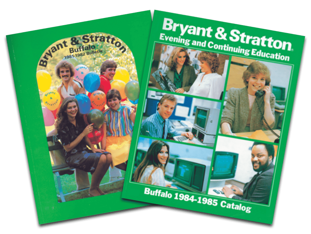 Two green brochures titled "Bryant & Stratton Buffalo 1981-1982 Bulletin" and "Evening and Continuing Education Buffalo 1984-1985 Catalog".