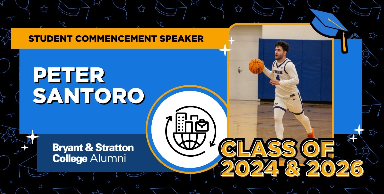 Peter Santoro dribbles a basketball in a gym, featured as part of the Student Commencement Speaker Series for Bryant & Stratton College Alumni, Class of 2024 & 2026, where he shares his inspiring journey of Embracing the Struggle.