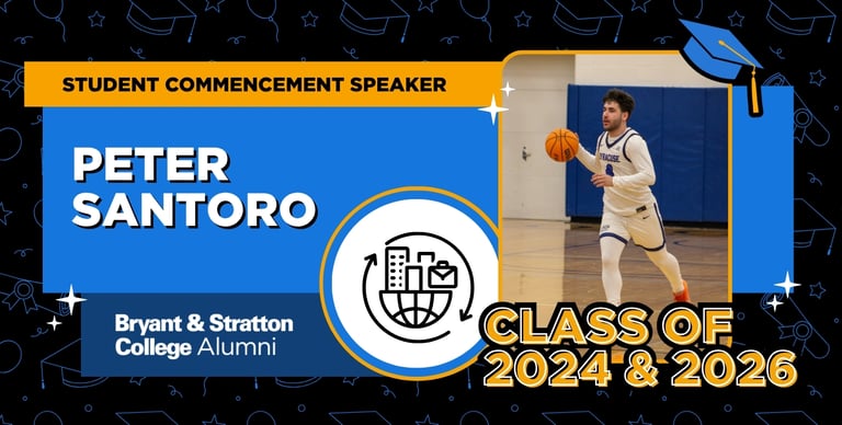 Peter Santoro dribbles a basketball in a gym, featured as part of the Student Commencement Speaker Series for Bryant & Stratton College Alumni, Class of 2024 & 2026, where he shares his inspiring journey of Embracing the Struggle.