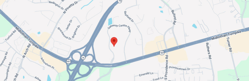 A map showing an area near the intersection of Midlothian Turnpike and a highway with a red location marker placed near Gateway Centre Parkway, close to several colleges in Richmond VA.