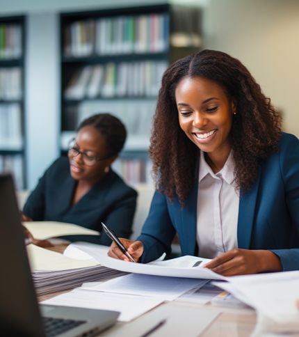 Two women in business attire work at a desk with documents and a laptop, smiling and focused. Bookshelves are visible in the background, highlighting a professional setting ideal for tax preparation or other business services.