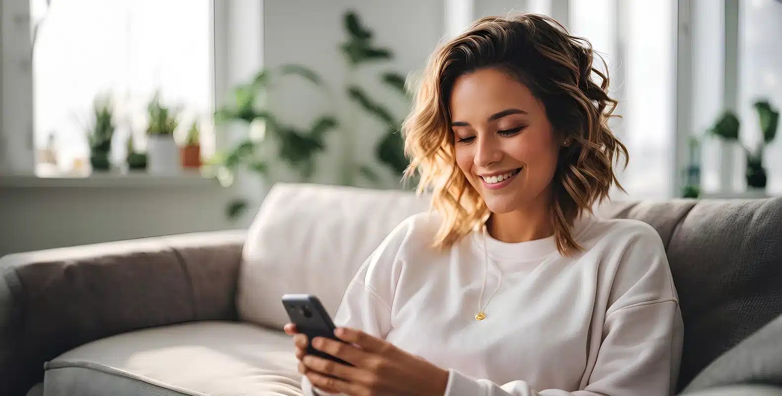 Woman with wavy hair sitting on a couch, smiling, and looking at her smartphone in a bright, plant-filled room.