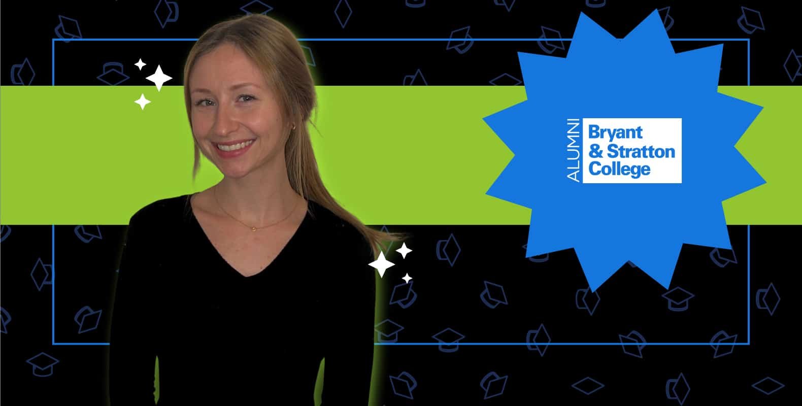 Woman smiling against a background with a green horizontal stripe and blue graduation cap pattern. A blue starburst with "Bryant & Stratton College Alumni" is on the right.