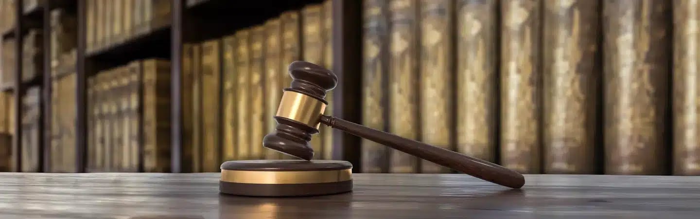 A judge's gavel rests on a wooden table, with shelves of legal books in the background.