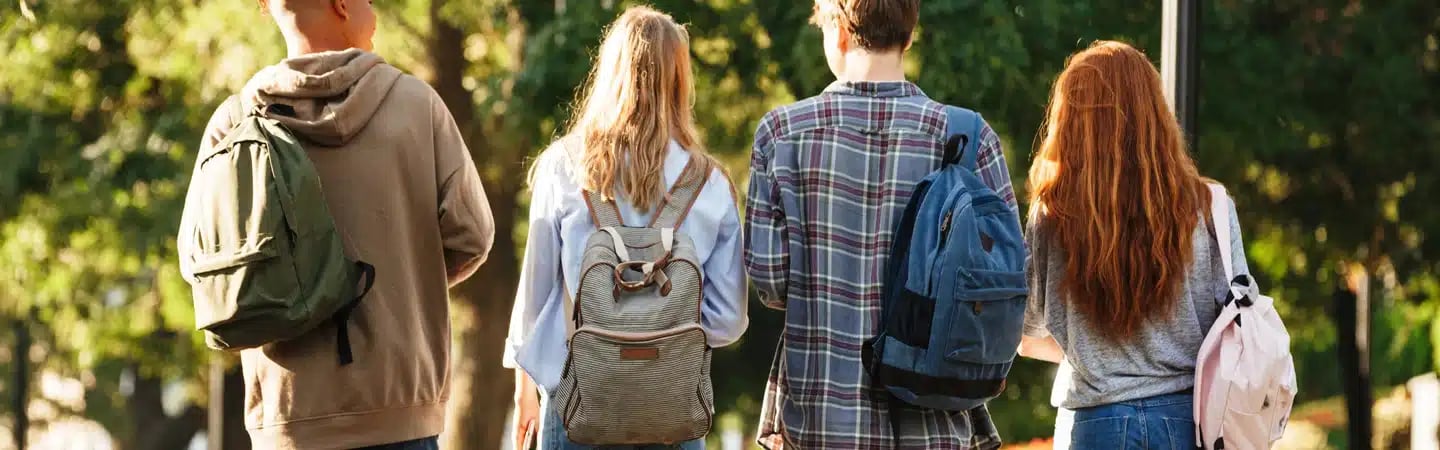 Four students with backpacks walking outdoors, viewed from behind, with trees in the background.