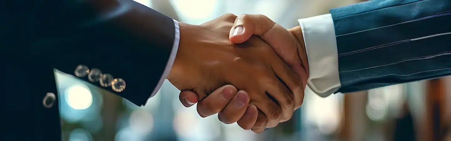 Close-up of two people in business attire shaking hands, symbolizing agreement or partnership.