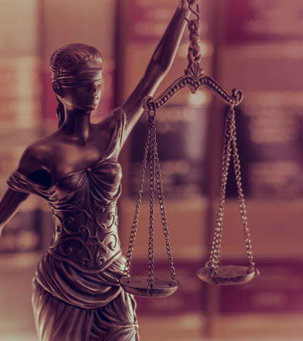 A bronze statue of Lady Justice holding balanced scales, blindfolded, with an ornate dress. The background is blurred, featuring bookshelves. The image is captured in warm tones.