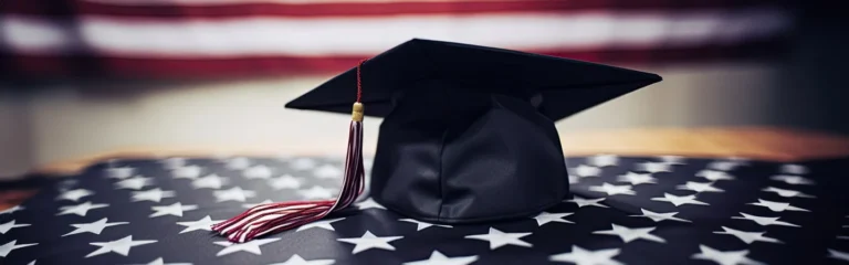 Graduation cap with red and white tassel placed on a table covered with a U.S. flag, blurred in the background.