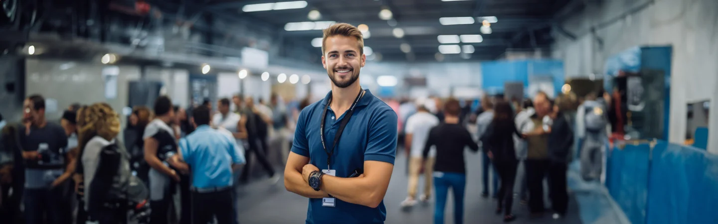 A man with a name badge smiles and stands with his arms crossed in a busy, indoor conference or event space.