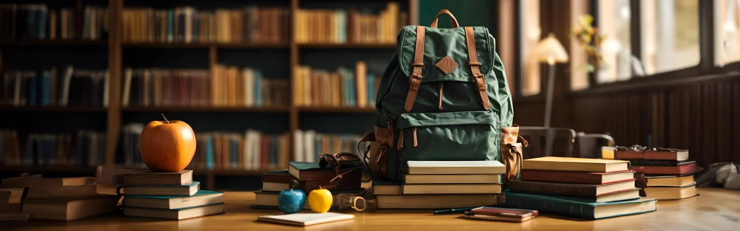 A green backpack, books, apples, and school supplies on a wooden table in a library with shelves filled with books.