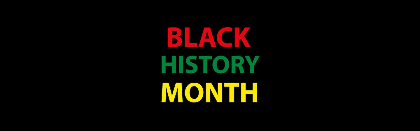 Text "BLACK HISTORY MONTH" in red, green, and yellow letters on a black background.