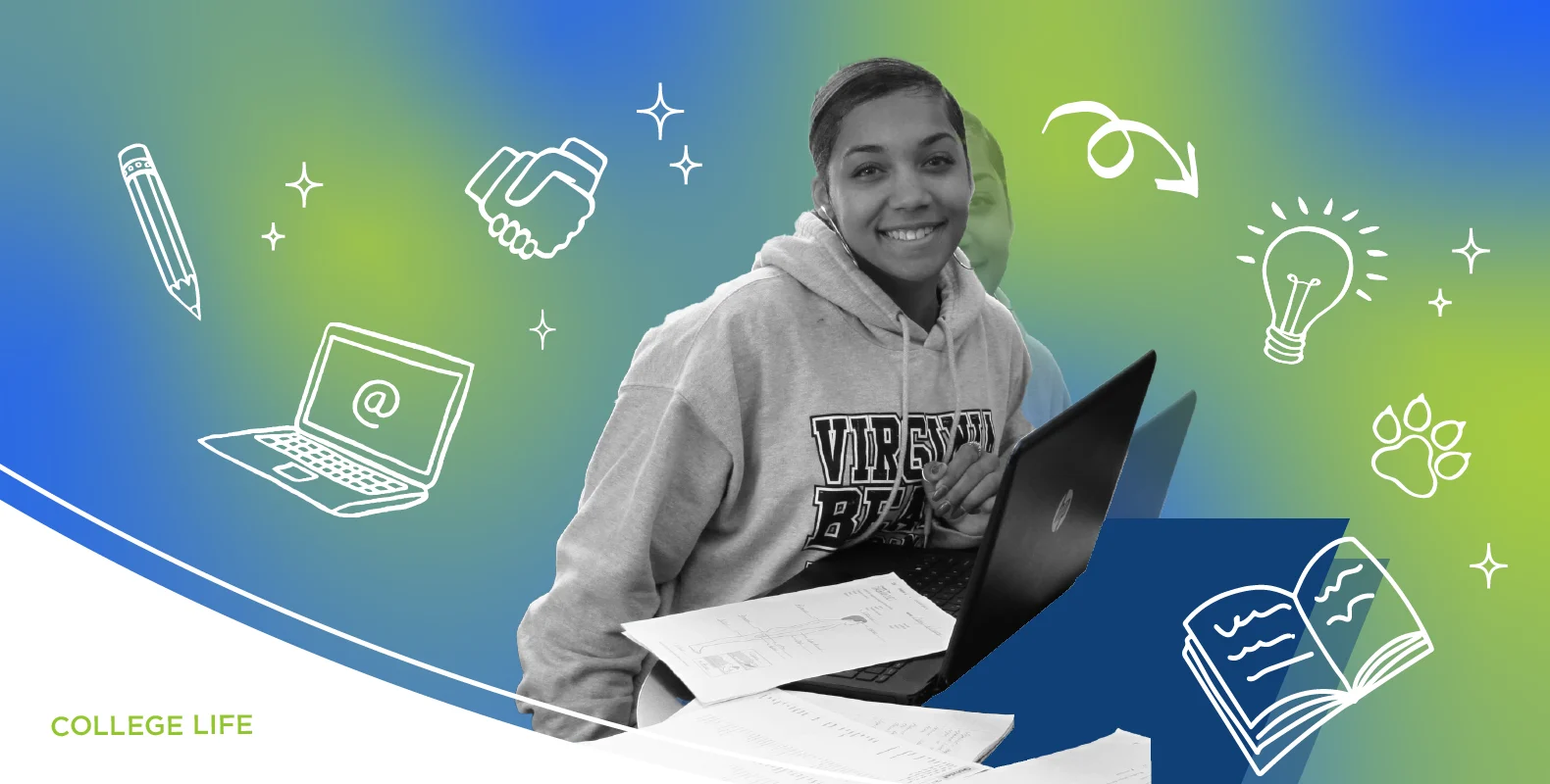 A smiling student wearing a hoodie uses a laptop, surrounded by icons of a pencil, handshake, and lightbulb. Text: "College Life".