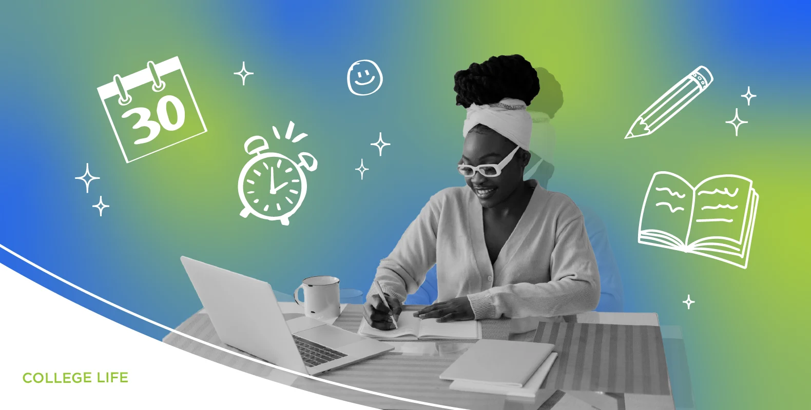 A student with glasses studies at a desk with a laptop and books, surrounded by icons of a calendar, clock, and pencil.