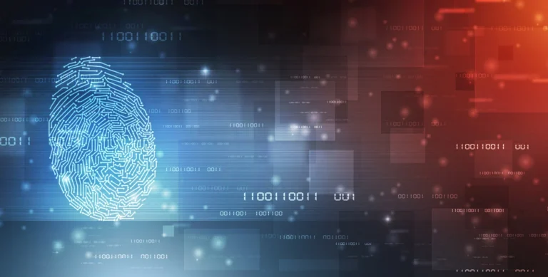 Composite image of fingerprint, code, data to represent forensic science