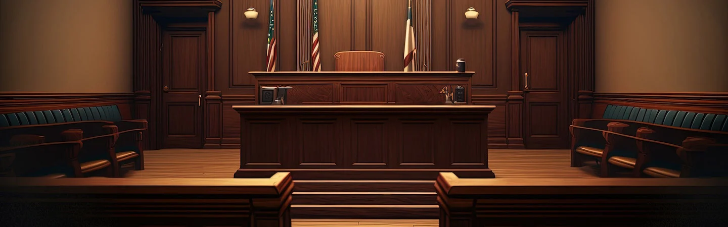 An empty courtroom with wooden furnishings, flags behind the judge's bench, and rows of benches for the audience.