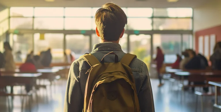 A student with a backpack stands in a sunlit cafeteria with people sitting at tables in the background.