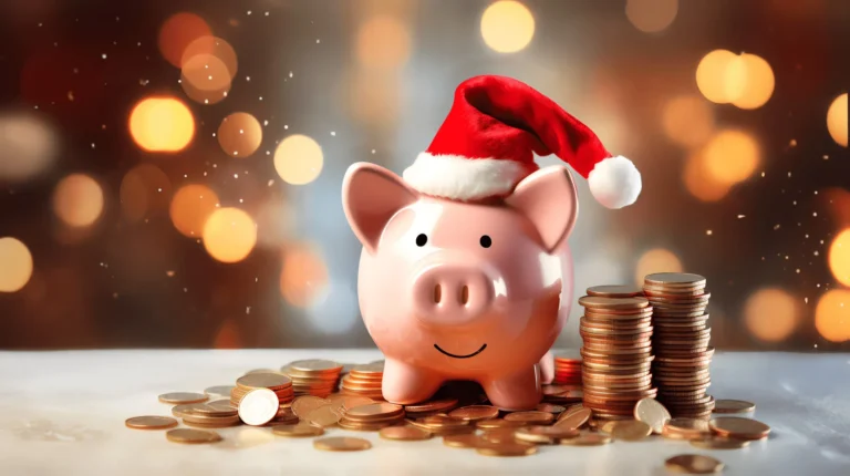 Piggy bank with Santa hat surrounded by stacks of coins against a festive, bokeh-lit background.