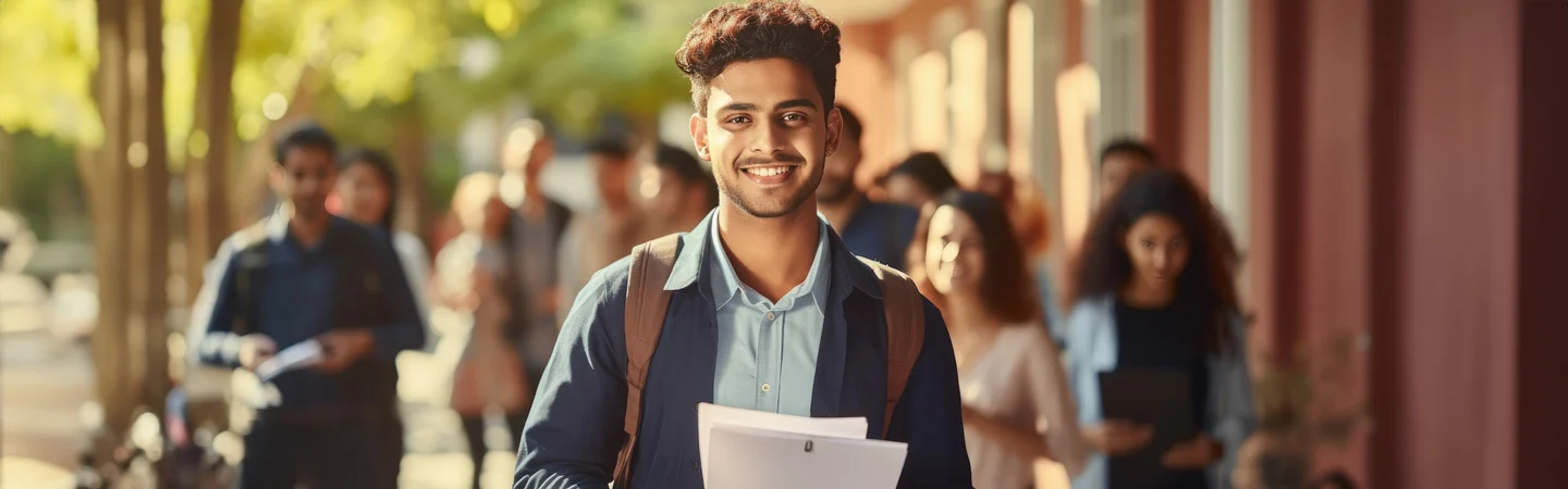 A young man carrying papers and smiling, walking outdoors on a sunny day with people in the background.