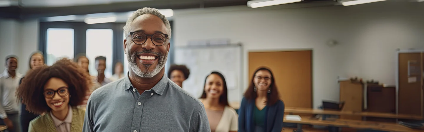 A group of people standing in a classroom, with a smiling man in the foreground wearing glasses.