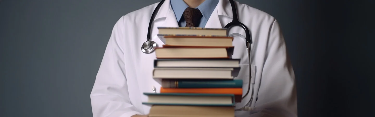 A person in a white coat holding a stack of books with a stethoscope around their neck.