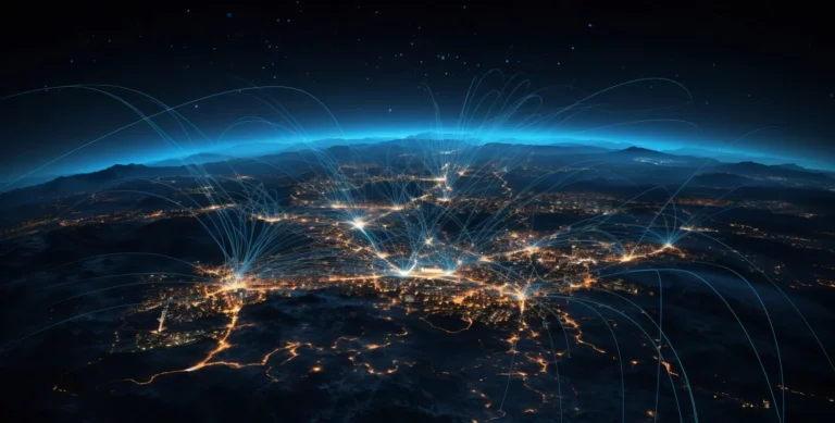 Aerial view of a city at night with bright lights and glowing lines representing network connections spreading out.