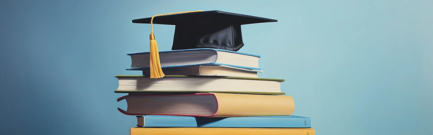 A graduation cap atop a stack of colorful books against a blue background.