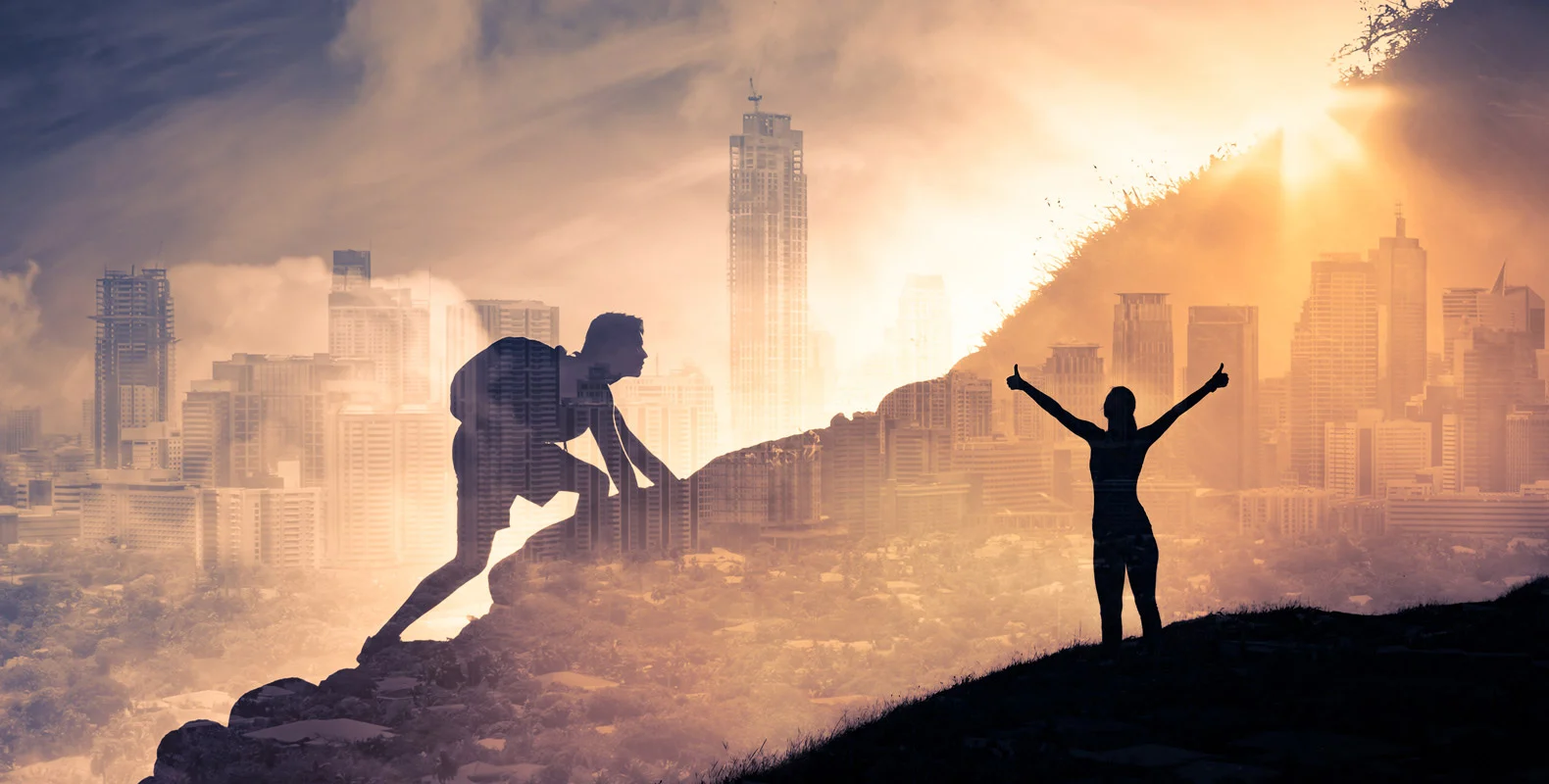 Silhouettes of a hiker and a victorious person superimposed on a cityscape at sunrise or sunset, symbolizing achievement.