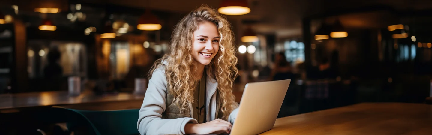 A smiling person with curly hair using a laptop in a warmly lit café.