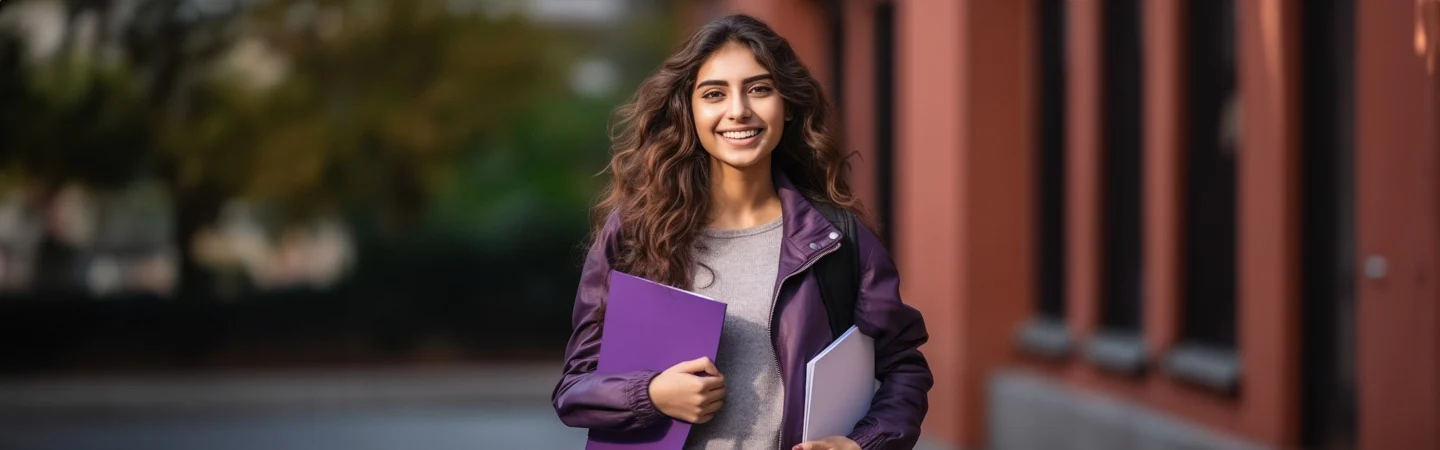 Woman in purple jacket smiling and holding two folders while walking outdoors near a building.