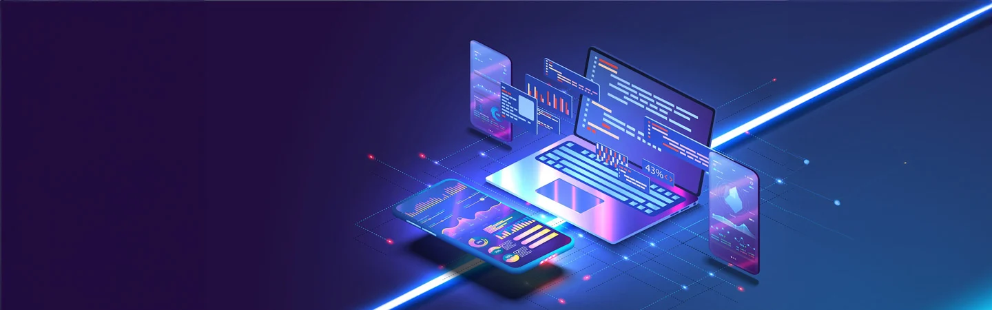 Futuristic digital devices displaying graphs and codes, illustrating technology and data analysis on a dark background.