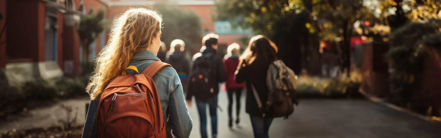 Students wearing backpacks walk together down a tree-lined path in warm sunlight.