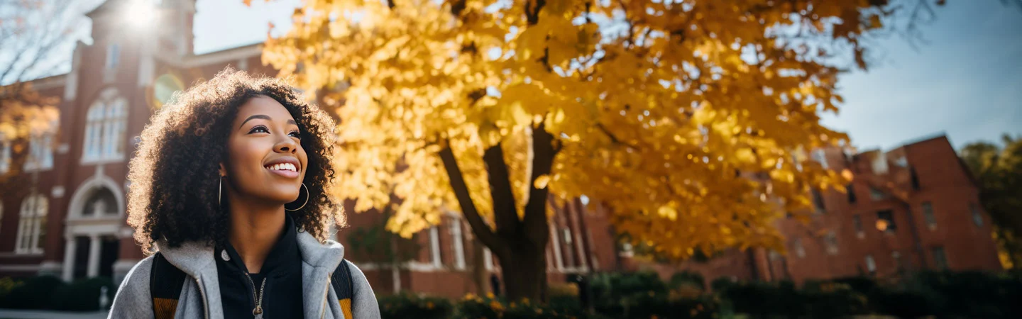 A person with curly hair smiles while standing outside near a tree with yellow leaves and buildings in the background.