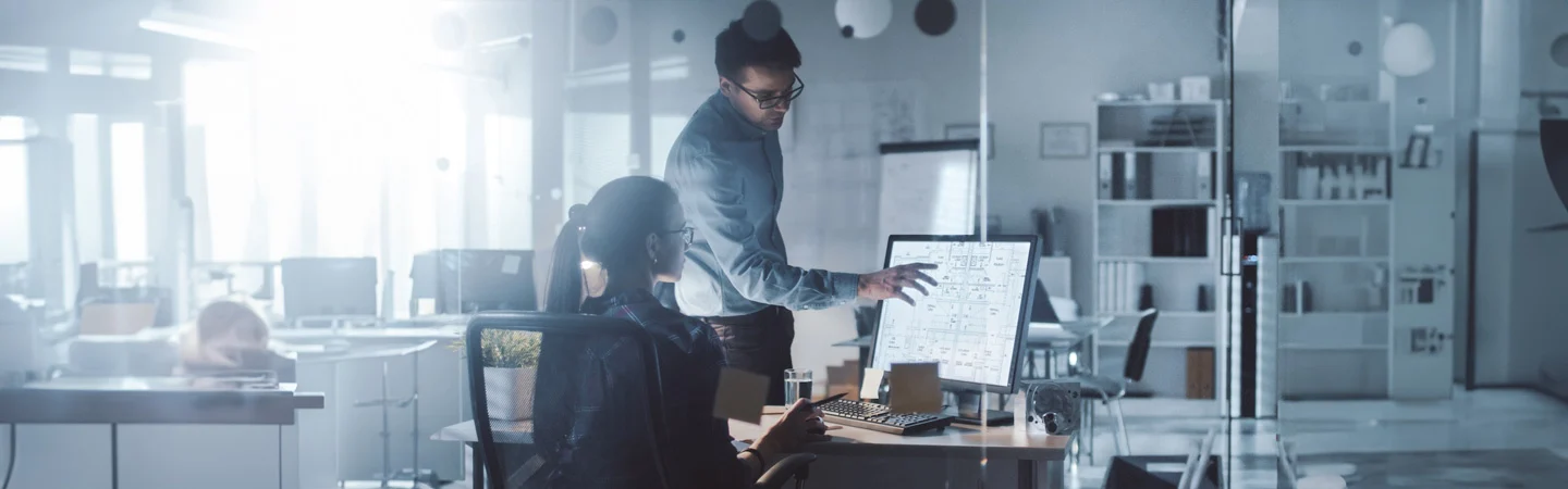 Two people working in a modern office, one standing and pointing at a computer screen while the other sits and observes.