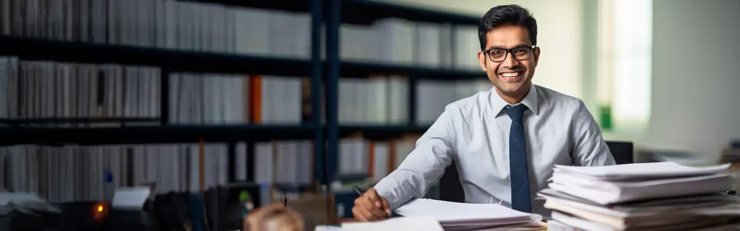 A man wearing glasses and a tie smiles while sitting at a desk cluttered with papers in an office.