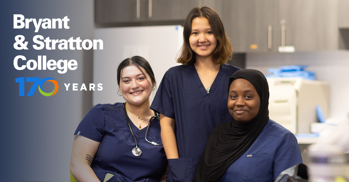 Three women in medical scrubs smiling, with the text "Bryant & Stratton College 170 Years" on the left side of the image.