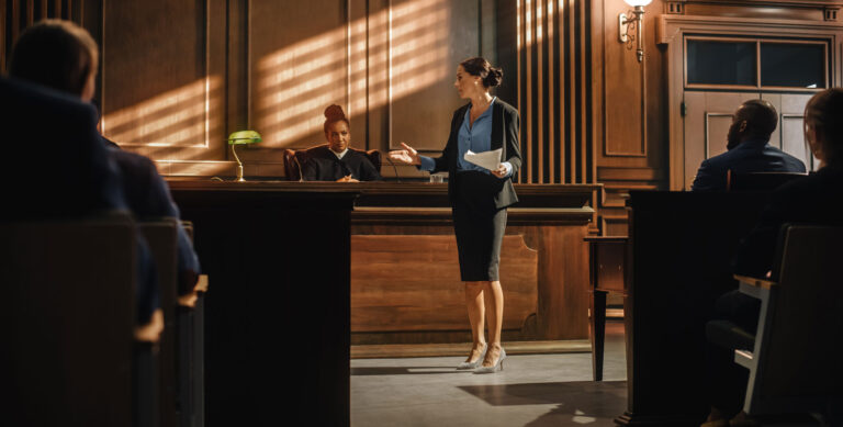 A lawyer presents a case in court, with a judge in the background, representing the differences in roles between paralegals and lawyers.