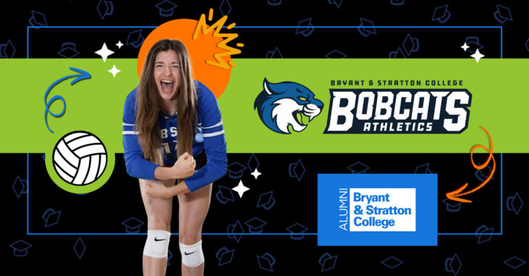 A volleyball player in a blue and white uniform poses energetically. The background features the Bryant & Stratton College Bobcats Athletics logo, a volleyball graphic, and various decorative elements like arrows and graduation caps.